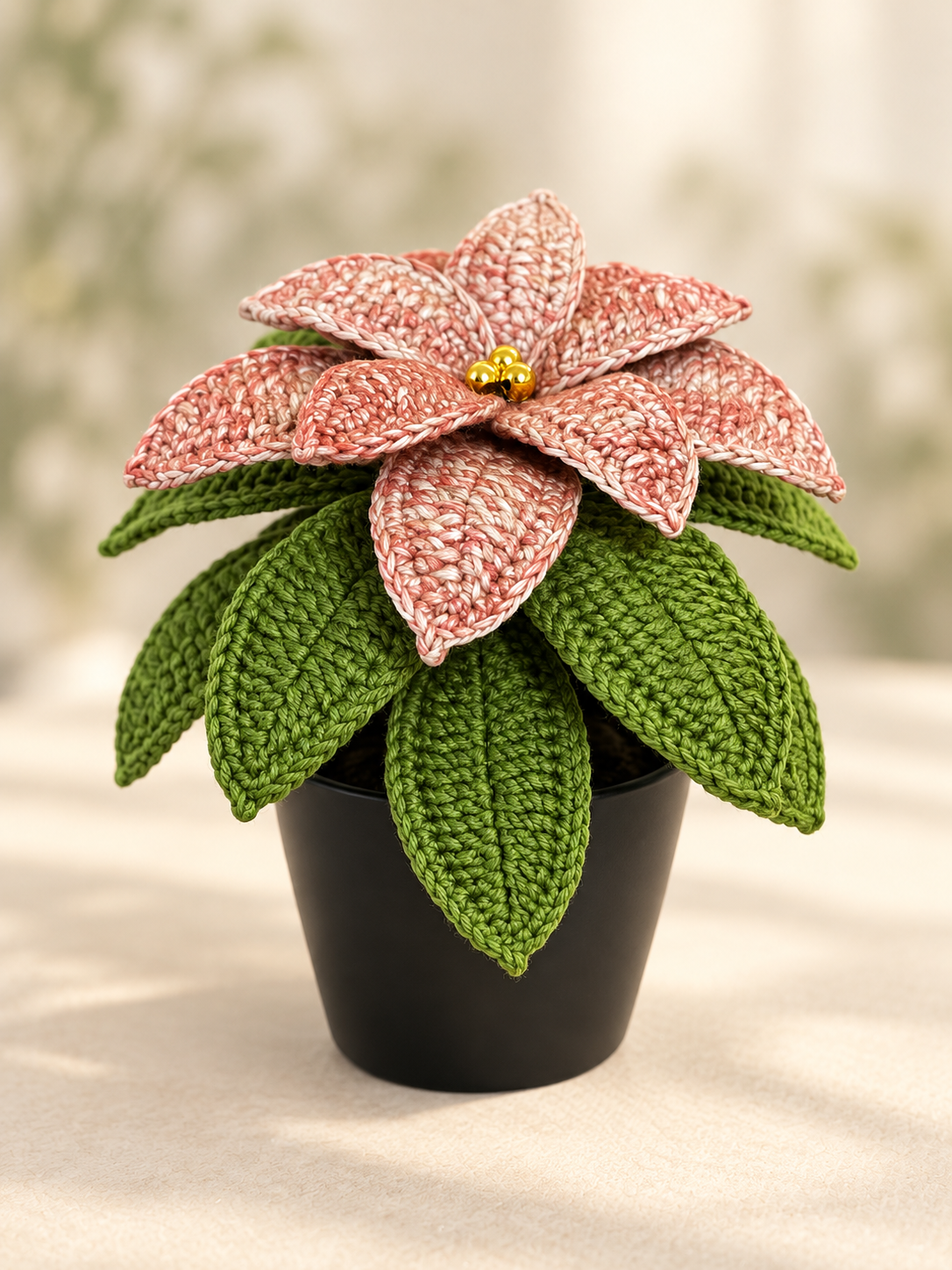 One-of-a-Kind Crochet Poinsettia in a Black Pot